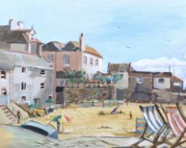 John Butler (20th/21st century), 2005, Cornish School, oil on board, a Cornish town beach.