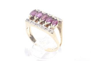 A vintage gold, ruby and diamond three-row dress ring.