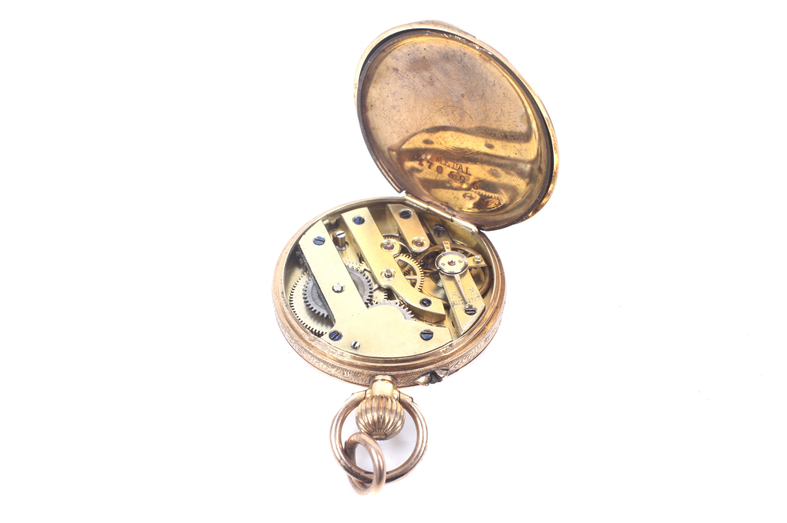 An early 20th century Swiss gold open face keyless fob watch. - Image 4 of 4