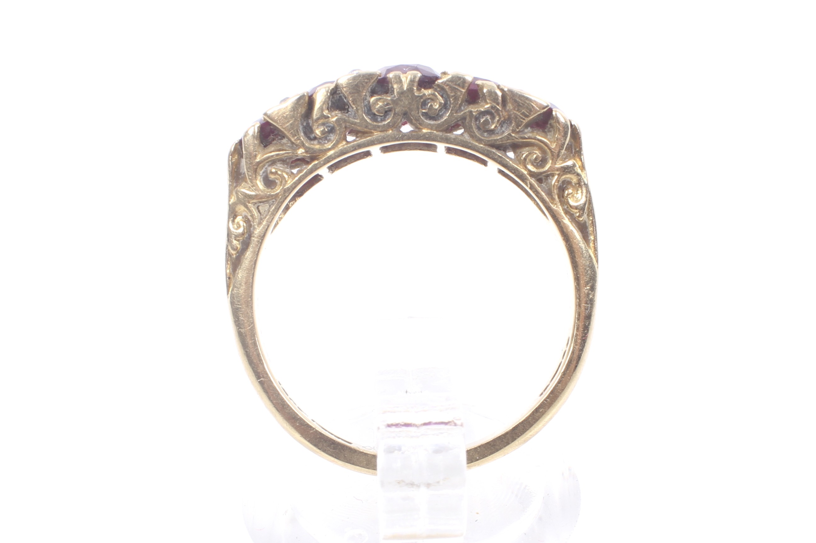 A vintage 18ct gold, ruby and diamond carved half-hoop ring in late Victorian style. - Image 2 of 8
