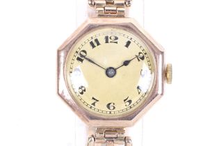 A lady's 9ct gold cased octagonal bracelet watch, circa 1920.