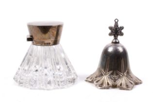 A late Victorian silver mounted clear cut glass conical inkwell and an American silver plated table