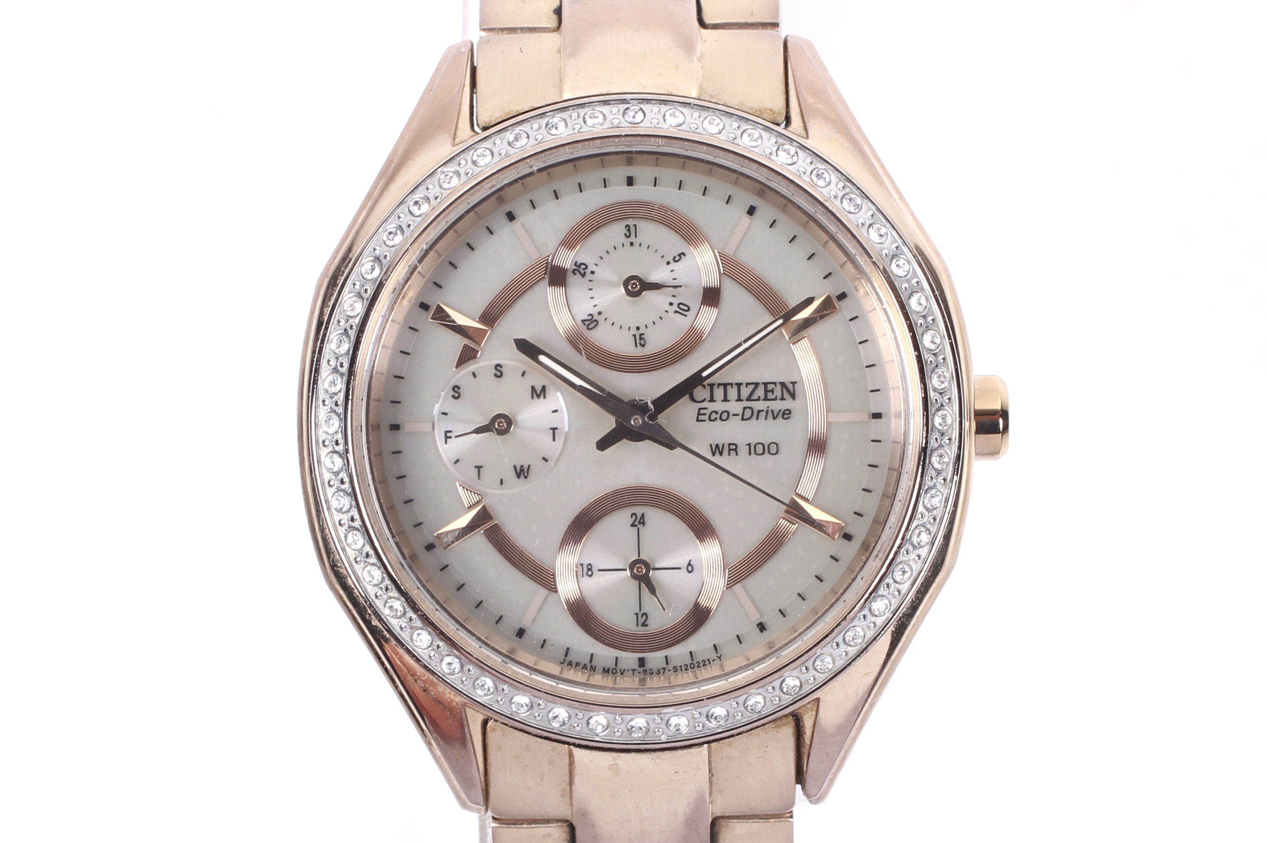 Citizen, Eco-Drive, WR100, a lady's stainless steel and gilt round bracelet watch.