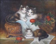 Follower of Henriette Ronner-Knip, (20th century), oil on panel, cat kittens playing in jardinieres.