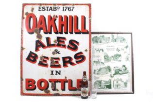 A vitreous enamel advertising sign for 'Oakhill Ales & Beers in bottle' and three items regarding