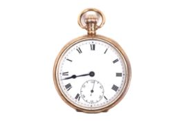 A 9ct rose gold cased open face keyless pocket watch, circa 1922.