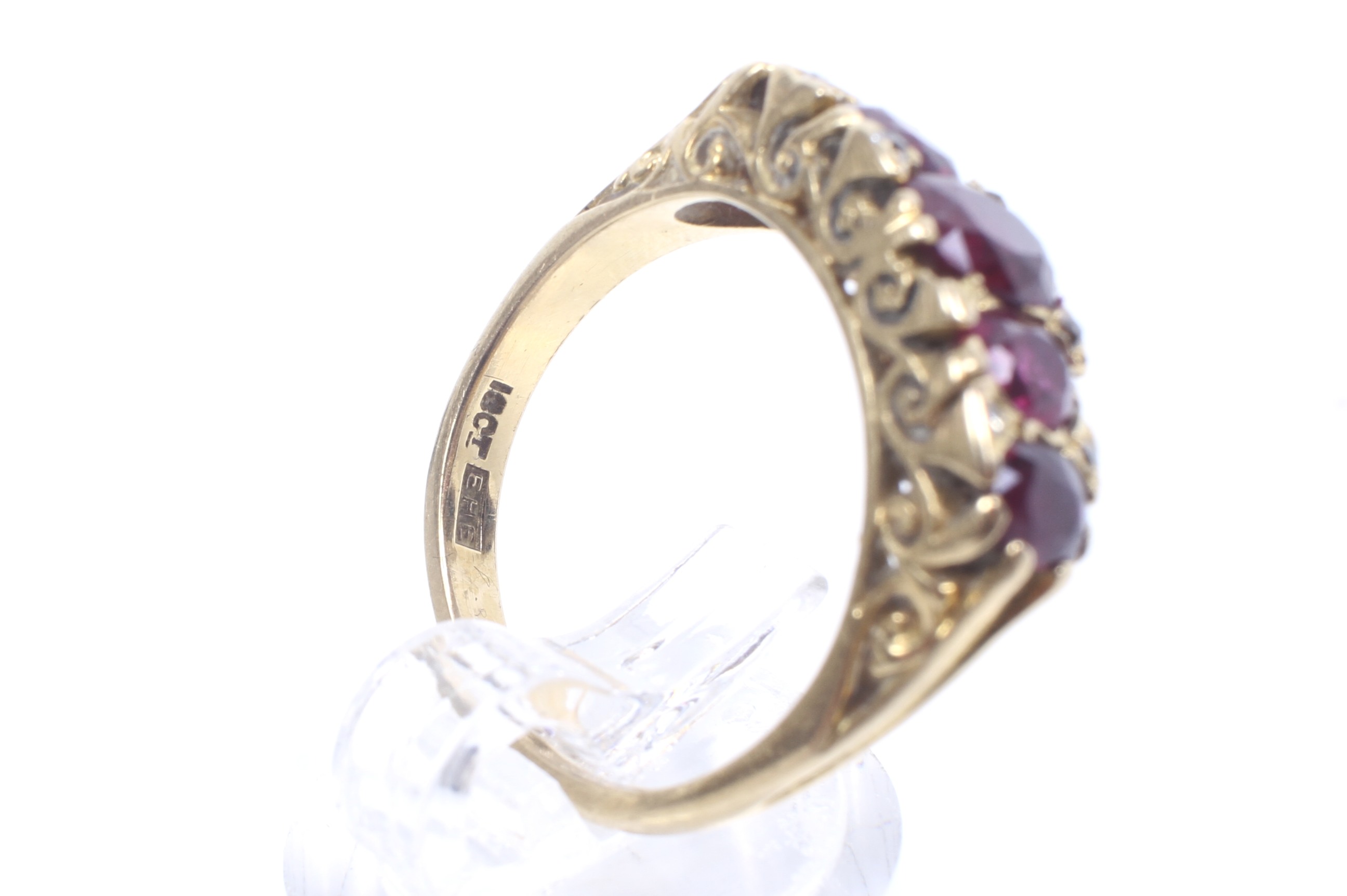 A vintage 18ct gold, ruby and diamond carved half-hoop ring in late Victorian style. - Image 8 of 8