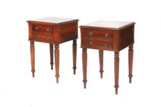 A pair of contemporary mahogany bedside tables. With two drawers over four reeded legs, H60.