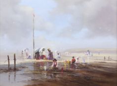 Ted Dyer (born 1940), Cornish School, oil on canvas, Edwardian families on the beach.