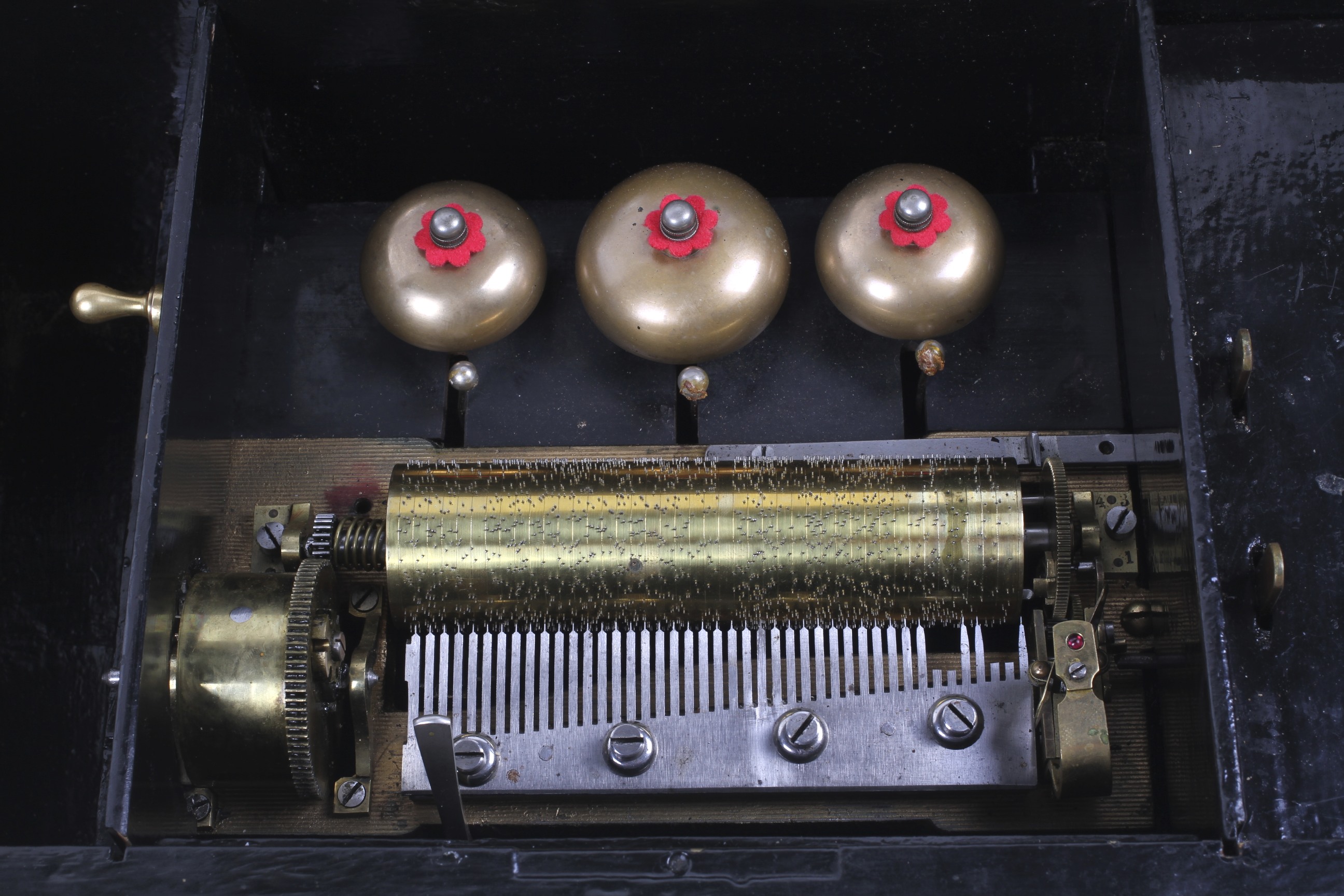 A late 19th century Swiss music box with three bells. - Image 2 of 3