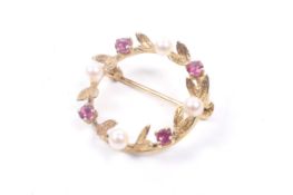 A vintage 9ct gold, ruby and cultured-pearl wreath circlet brooch.