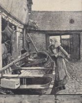Charles Napier Hemy (1841-1917), engraving, a fishing boat on cobbles with Cornish figures.