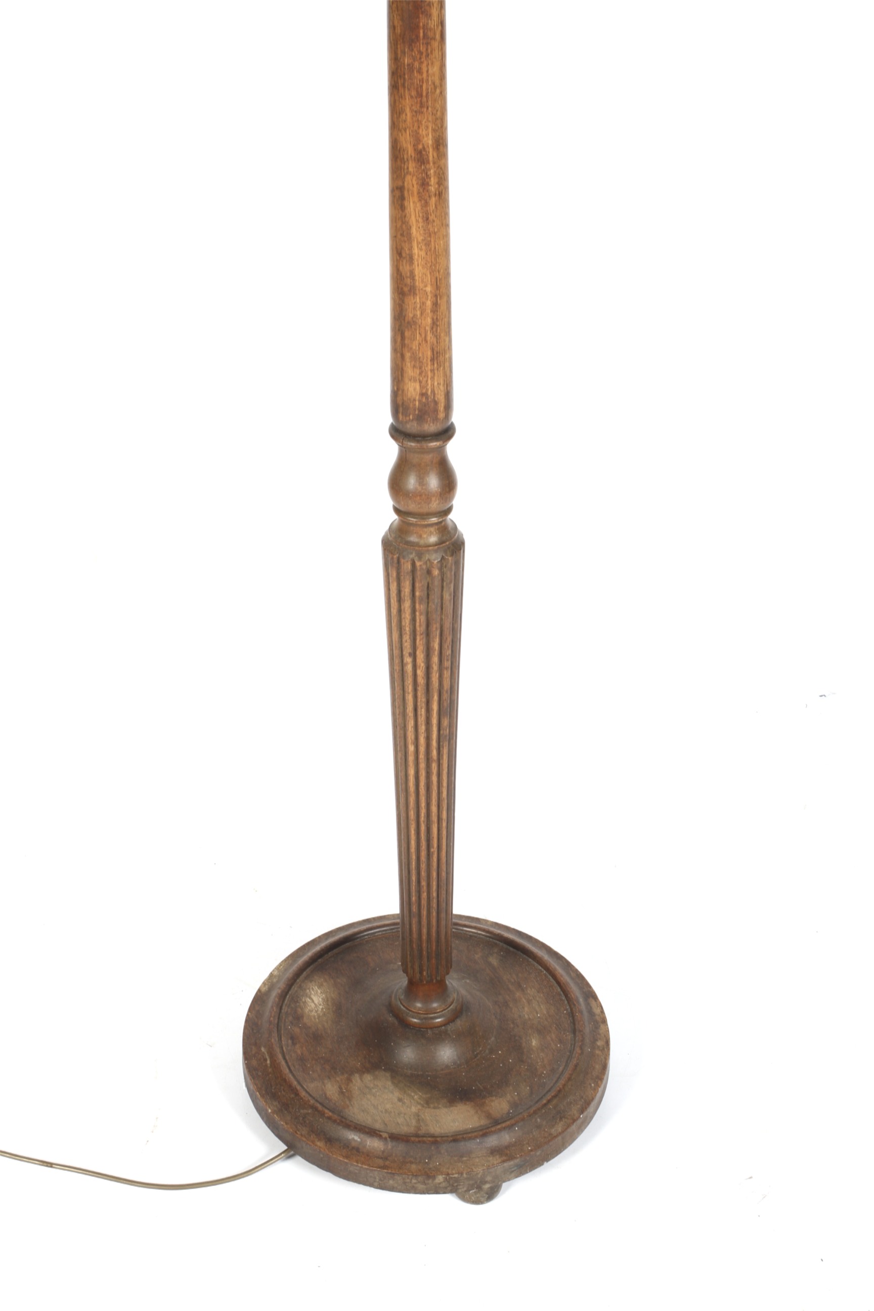 An early/mid-20th century mahogany standard lamp. With turned and ribbed column, on a round base. - Image 2 of 2