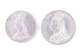 Two 19th century Queen Victoria coins. Comprising a 1889 crown and 1887 double florin.