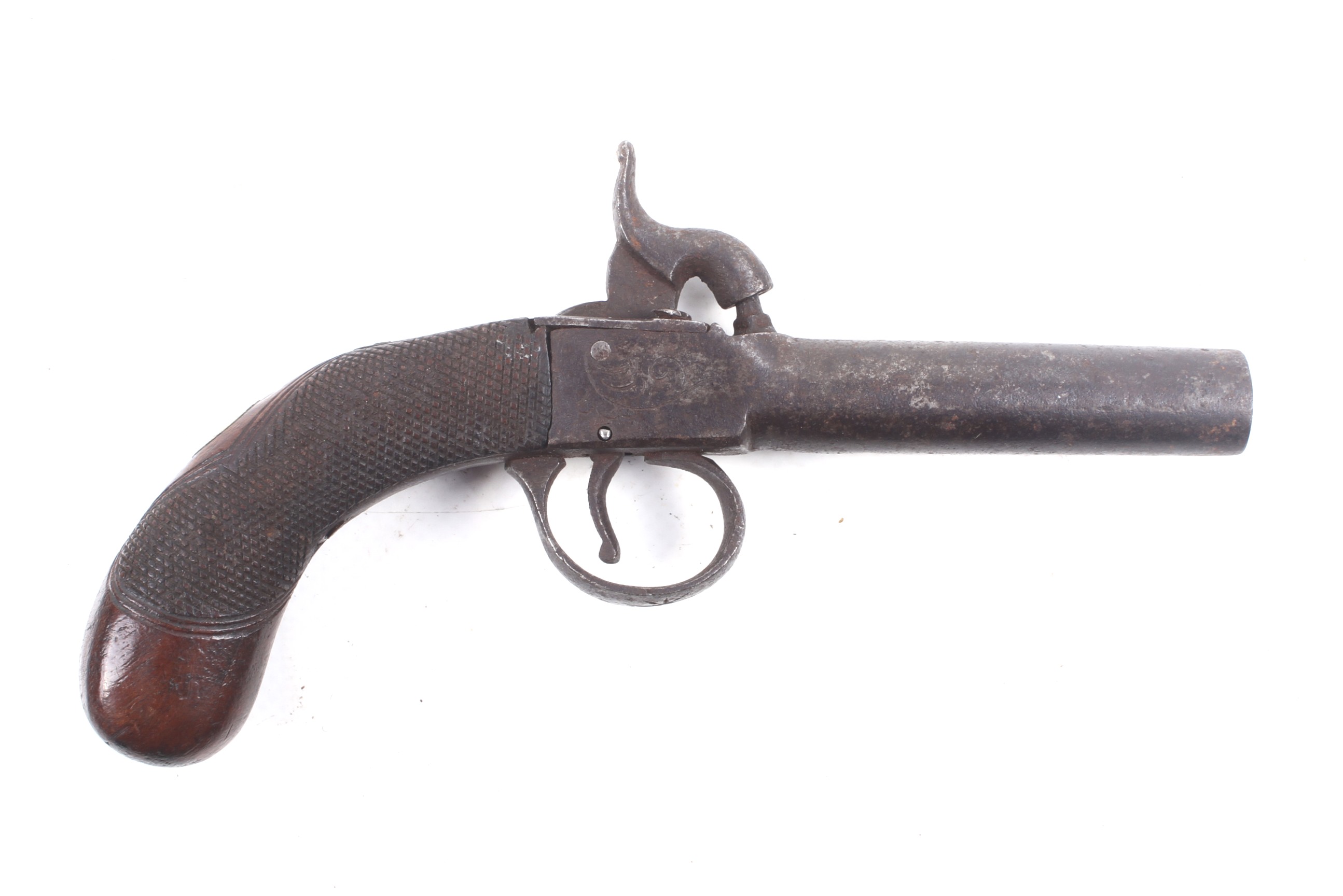 A circa 1860 percussion side hammer pocket pistol. With engraved sideplates and gripped stock.