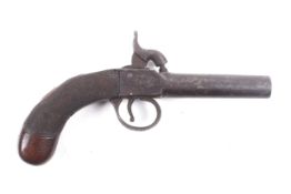 A circa 1860 percussion side hammer pocket pistol. With engraved sideplates and gripped stock.