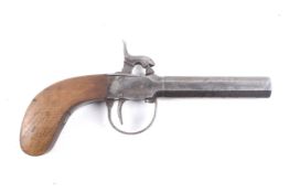 A circa 1860 percussion side hammer pocket pistol. With oak stock and octagonal barrel.