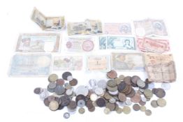 A small collection of world coins and banknotes.