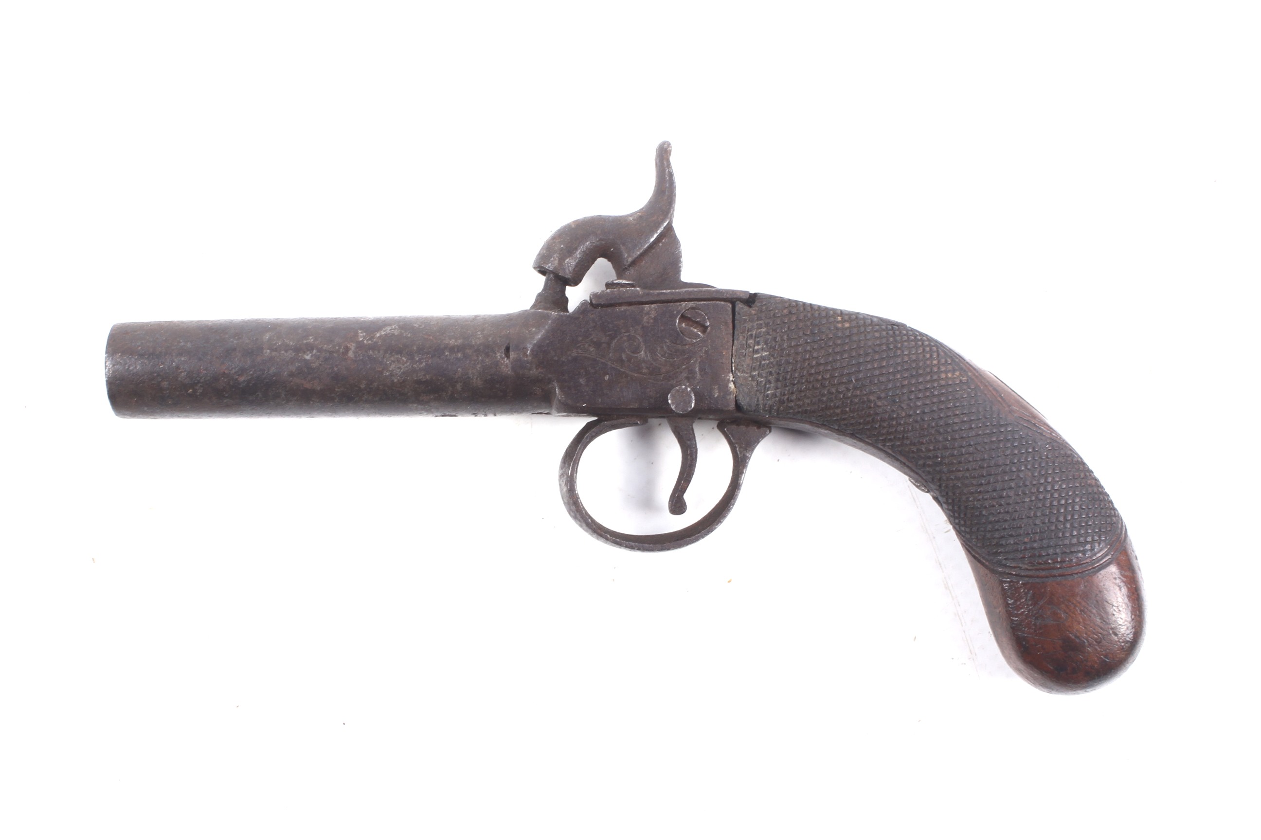 A circa 1860 percussion side hammer pocket pistol. With engraved sideplates and gripped stock. - Image 2 of 2