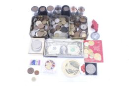 A collection of world coins and banknotes.