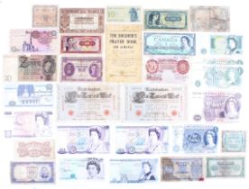 A group of world bank notes and a soldier's prayer book. Including two £20, one Somerset, etc.