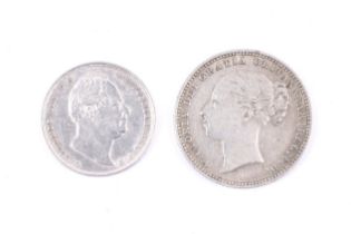 Two 19th century coins. Comprising one 1880 shilling and one 1834 sixpence.