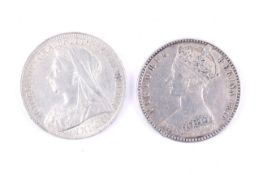 Two Victorian florin coins. Dated 1849 and 1901.