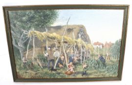 A contemporary oil on board depicting hop pickers harvesting in Kent.
