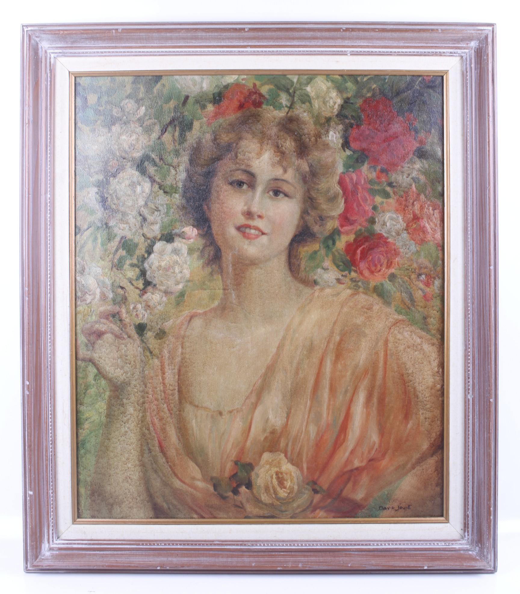 David Jouie, 20th century, oil on canvas, a portrait of lady surrounded by roses. - Image 2 of 2