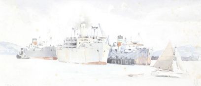 A watercolour of the River Thames with moored shipping tugs boats etc.