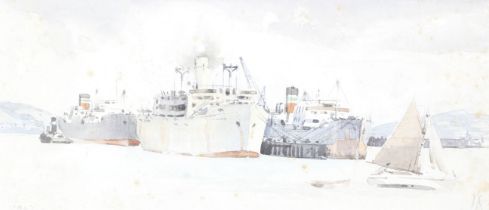A watercolour of the River Thames with moored shipping tugs boats etc.