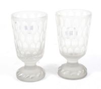 A pair of 19th century frosted and cut pedestal glasses. With round pontil scars under, H14.