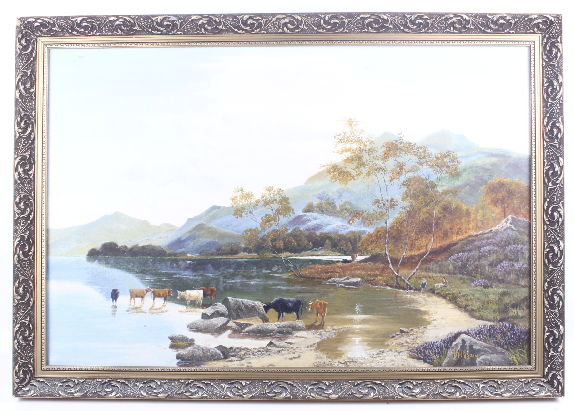 A WIlkinson, a 20th century oil on canvas depicting cows beside a lake. - Image 2 of 2