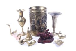 An assortment of 19th century and later of brassware and a lacquer figure.