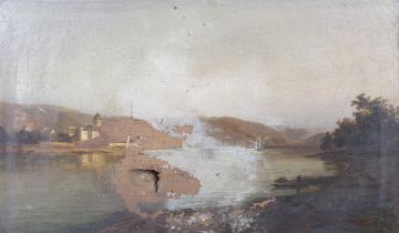 Klien ? European, oil on canvas in gilt frame. Landscape 'River Scene', signed and dated 1872. (AF).