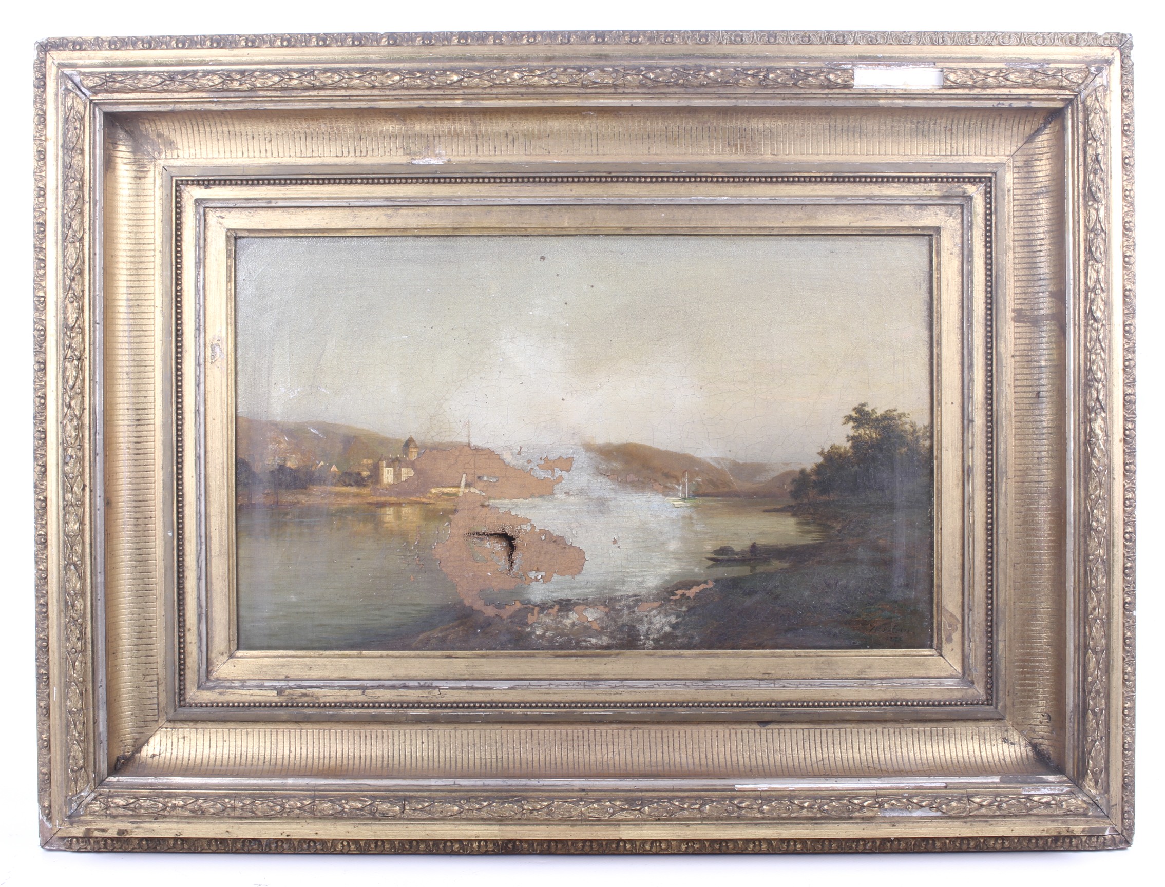 Klien ? European, oil on canvas in gilt frame. Landscape 'River Scene', signed and dated 1872. (AF). - Image 2 of 2