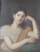 An early 19th English School, oil on canvas, portrait of a young Georgian lady resting on her arm.