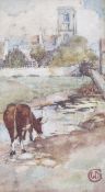 'GWA' circa 1900, watercolour, church and horned Ayrshire cow drinking from a river.