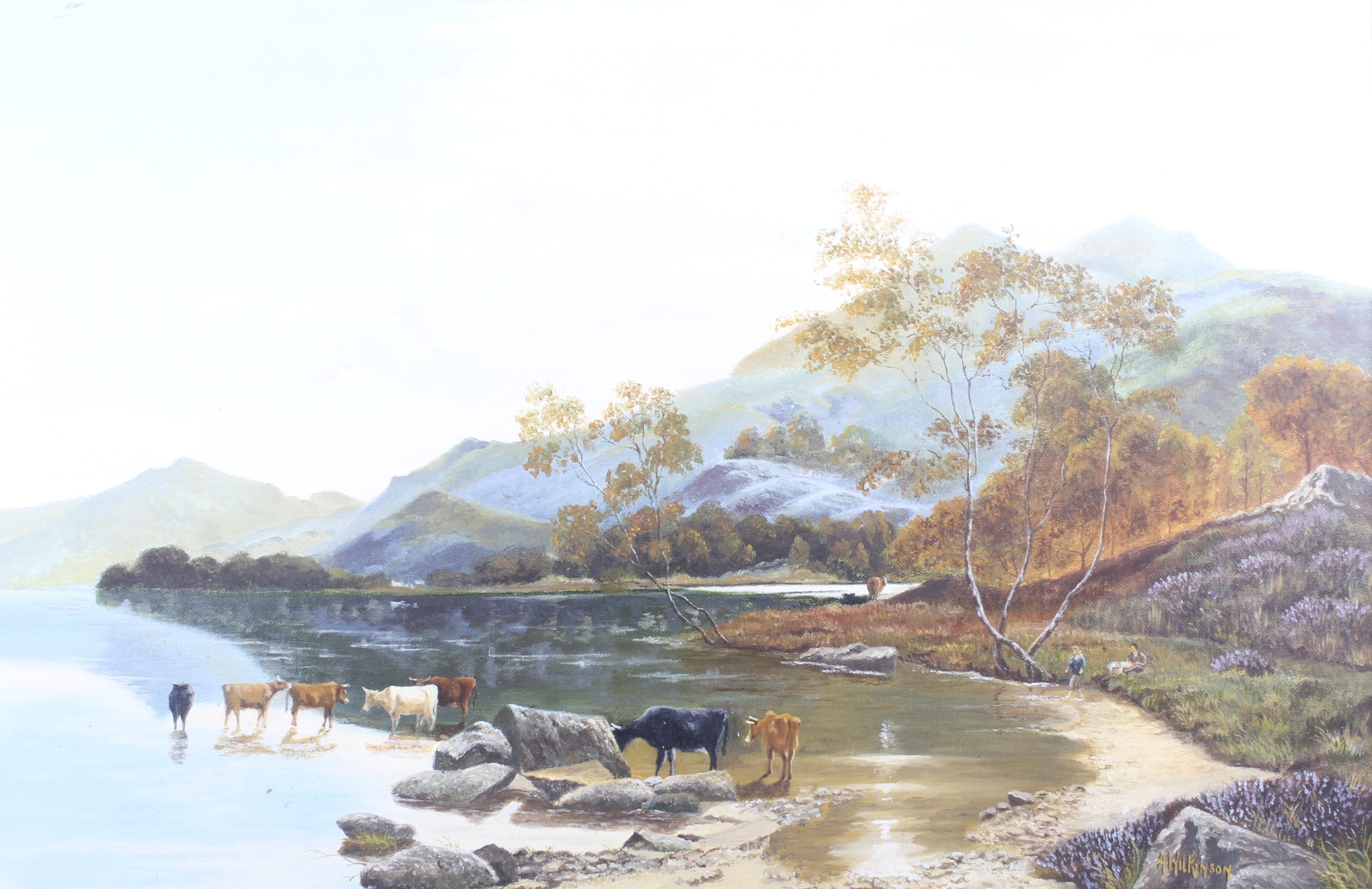 A WIlkinson, a 20th century oil on canvas depicting cows beside a lake.