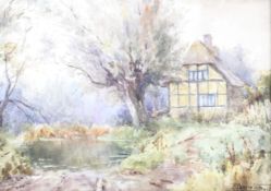 Helen Donald Smith (1880-1930), watercolour, the thatched timbered cottage near the river.