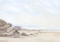 R Bickingham, 20th century, oil on canvas, figures on the beach. Signed lower left, 25.3cm x 35.