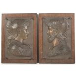 A pair of French 19th century cast metal patinated bronze style relief plaques of Pre-Raphaelite