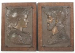 A pair of French 19th century cast metal patinated bronze style relief plaques of Pre-Raphaelite