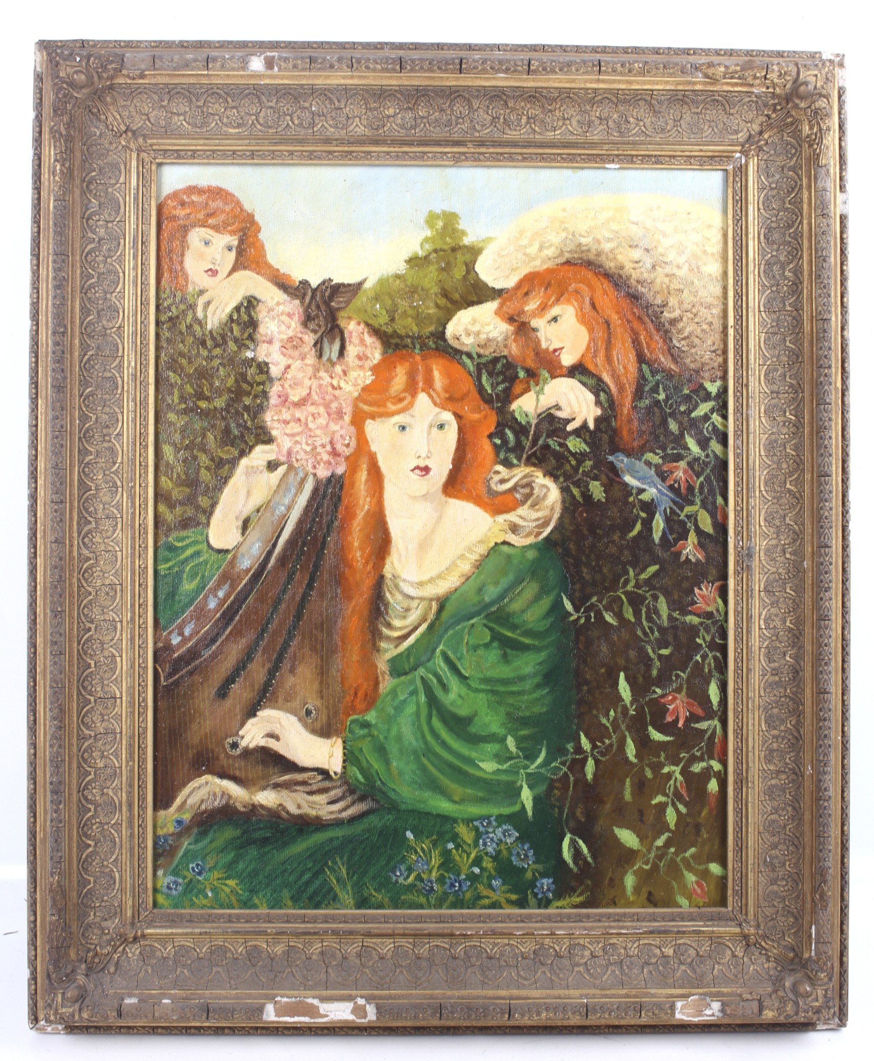 A Pre-Raphaelite style oil on canvas. Depicting three women dressed in medieval attire. - Image 2 of 2