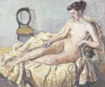 M Andrews, 20th century, oil on canvas, portrait of a nude on a Victorian chaise longue.