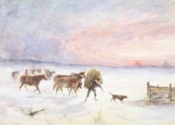 Chris Meadows (Exh 1883-1901) Scottish, watercolour, feeding cattle in the snow.