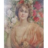 David Jouie, 20th century, oil on canvas, a portrait of lady surrounded by roses.