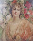 David Jouie, 20th century, oil on canvas, a portrait of lady surrounded by roses.