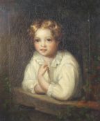 Victorian School, oil on canvas of a blond curly haired boy leans on a stone window ledge,