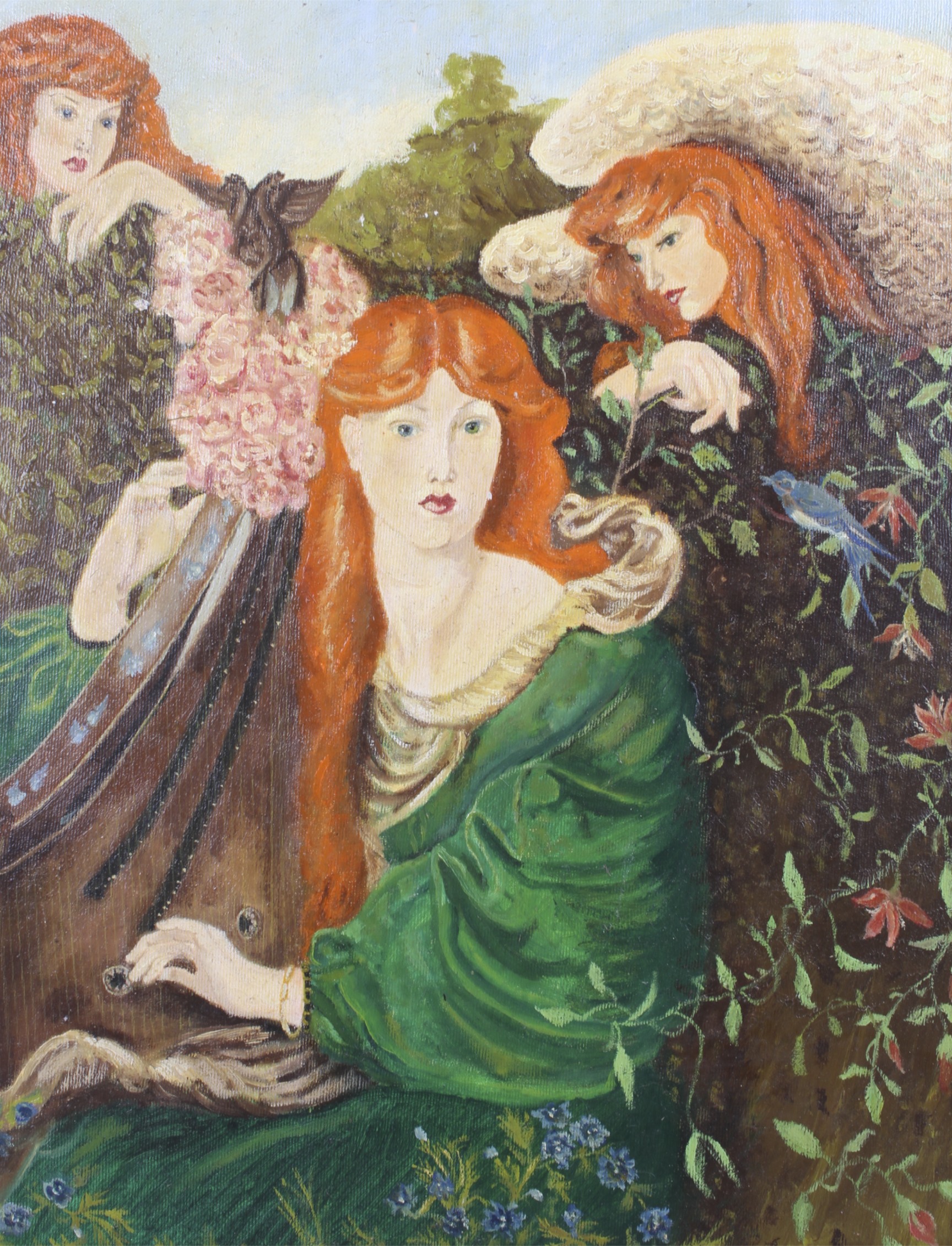 A Pre-Raphaelite style oil on canvas. Depicting three women dressed in medieval attire.